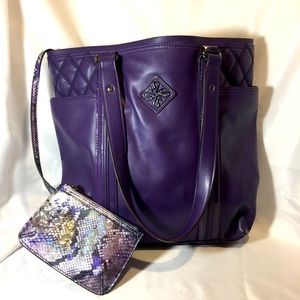 Vera Wang purple tote with snakeskin makeup bag